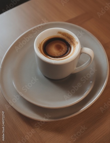 Coffee cup with foam in a wooden table