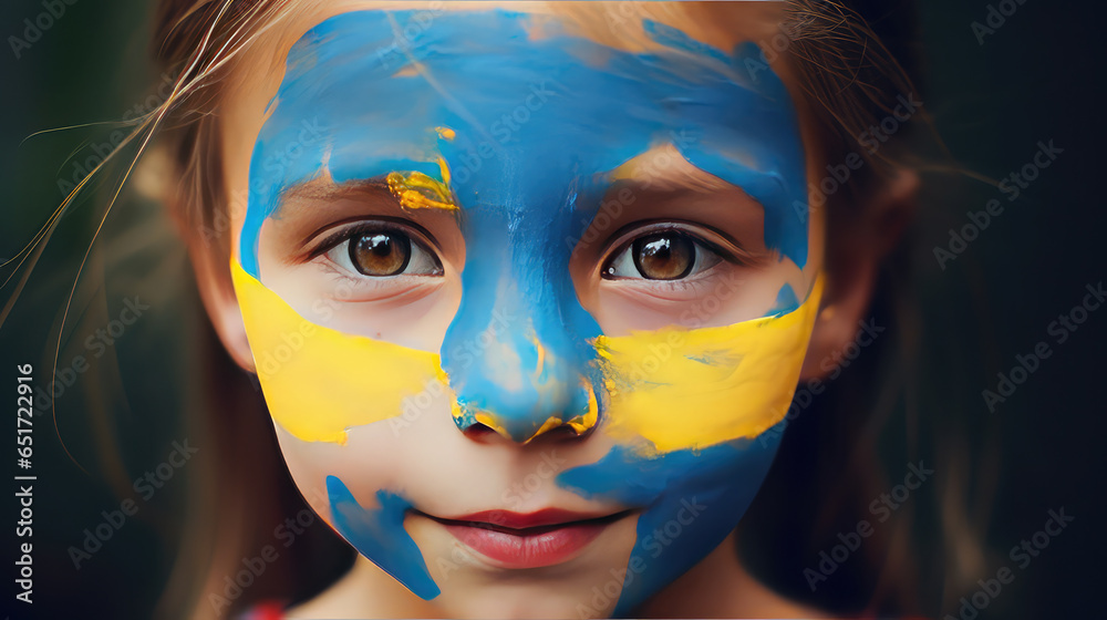 Ukrainian girl with ukrainian flag make up on the face with Ukrainian flag on the background