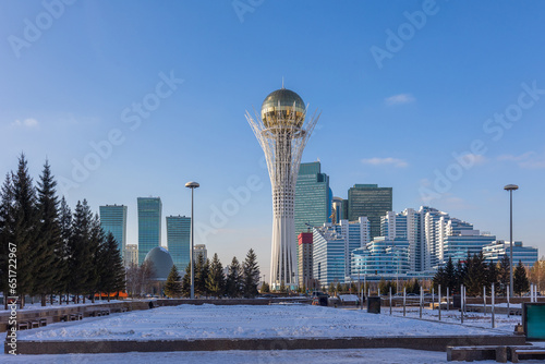 Panoramic view of Baiterek Tower on Nurjol Boulevard. Urban landscape of sunny winter day in city of Astana, Nur-Sultan, Kazakhstan. High quality photo photo