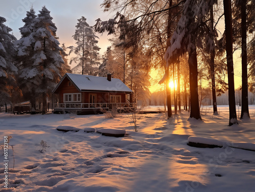 beautiful wooden house under tall pine trees in a coniferous forest at dawn. Beautiful snowy frosty winter far from the city in the village.