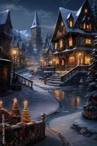 illustration of a fabulous old town with beautiful houses with light in the windows in the evening on Christmas Eve.