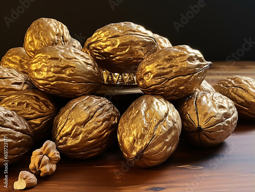walnuts in shell painted with golden paint on a dark background close-up