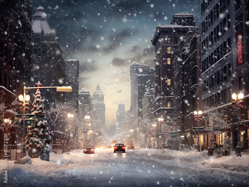 winter twilight in a big city, it is snowing. Beautiful winter city landscape.