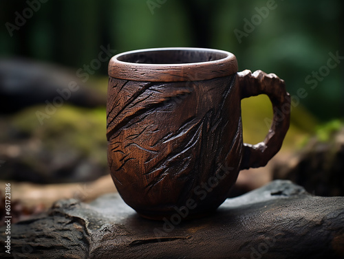 beautiful wooden carved dark wood mug against a background of nature close-up.