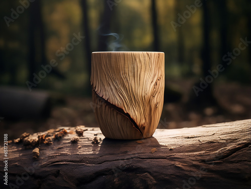 beautiful wooden carved mug made of light wood against a background of nature close-up. Steam from a hot drink comes out of the glass