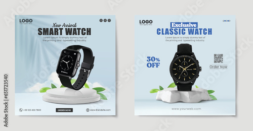 Smart watch product sale social media ads banner design template. Sale and discount gadget product advertising banner.
