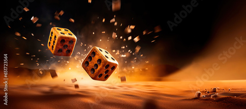 panoramic close up shot of 2 dice rolling on the ground