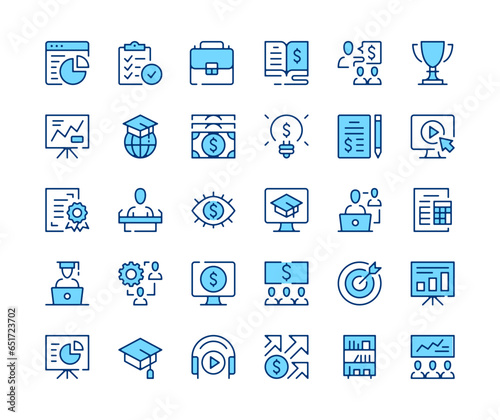 Business training icons set. Vector line icons. Blue color outline stroke symbols. Modern concepts
