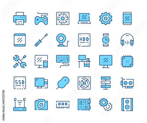 Computer hardware icons set. Vector line icons. Blue color outline stroke symbols. Modern concepts