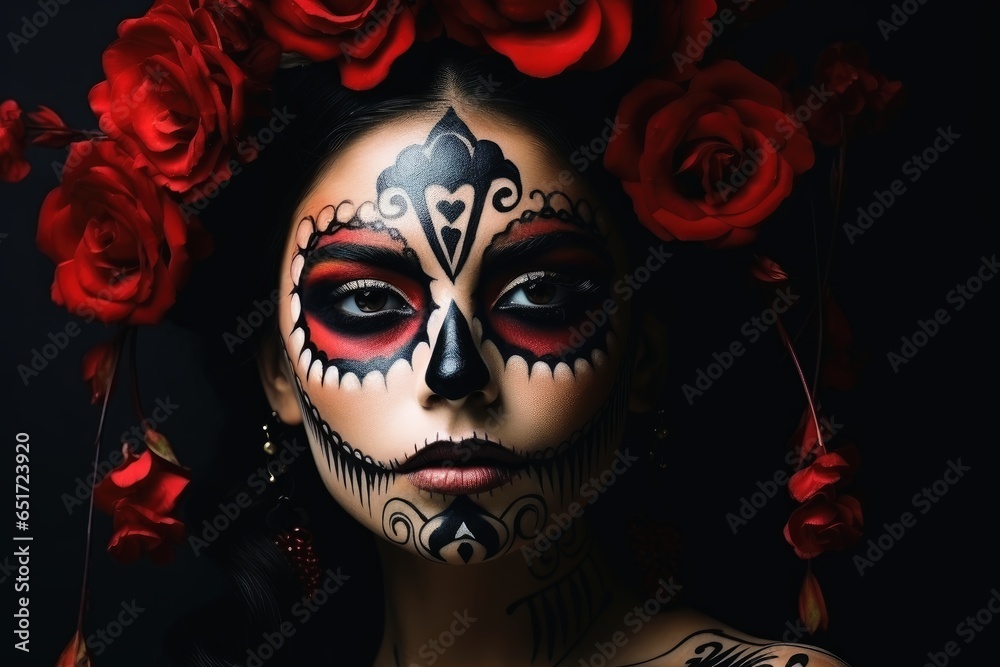 Portrait of a woman with a traditional makeup for the Day of the Dead. Portrait of a woman with a traditional makeup for the Day of the Dead.