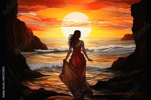 Stained glass of a sensual attractive young woman at a sunset beach.