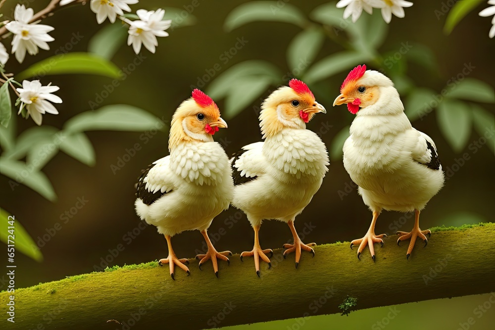 Fototapeta premium Cute couple of chicken sitting on branch, generative ai image