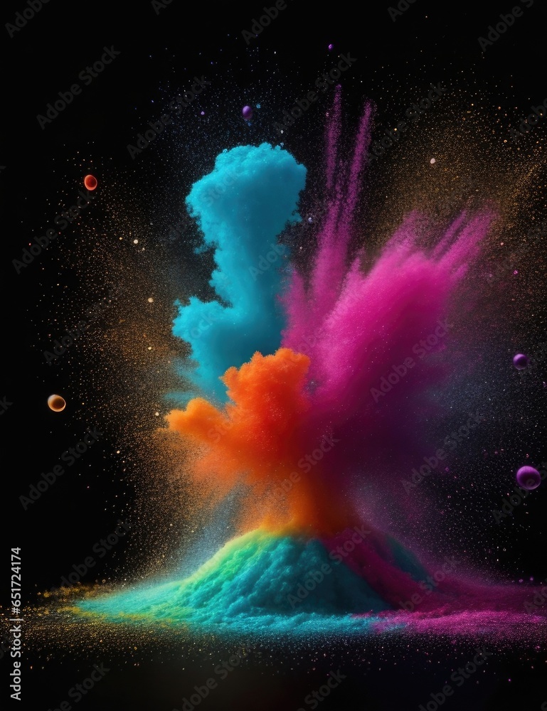 Abstract colored dust explosion on a black background abstract powder splatted background, Freeze motion of color powder exploding. Blue, orange, pink