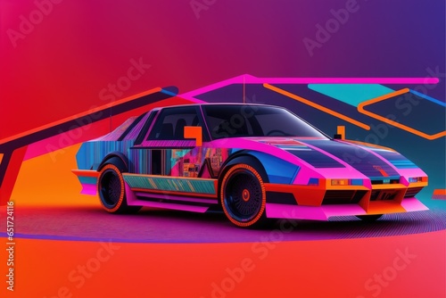 Colorful car and shapes on abstract background, generative ai image