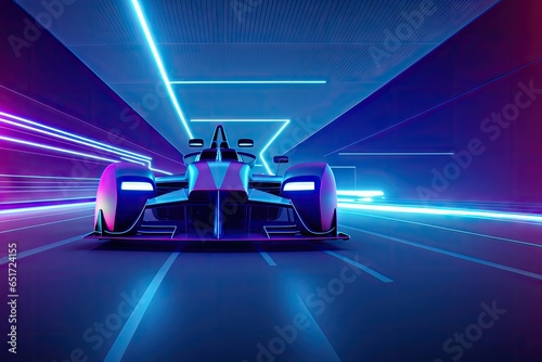 Futuristic Sports Car On Neon Highway. Powerful acceleration of a supercar on a night track with lights, generative ai