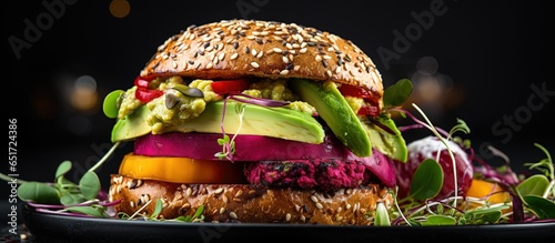 Beet burger with vegan toppings on black background Vegan diet option Close up