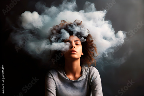 Young woman with her head in the clouds.