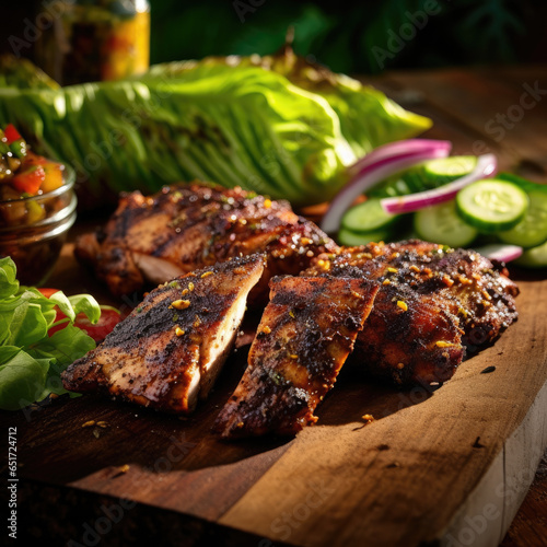 Slices of home-made jerk chicken fillets marinated in jerk seasoning, AI Generated photo