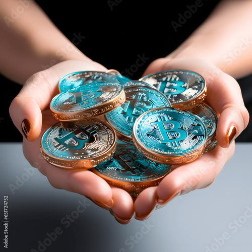 Woman with golden bitcoins on dark background, closeup