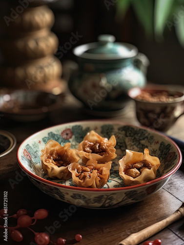 Shui lan fried wonton for chinese kung pao, in the style of flower and nature motifs AI Generated photo