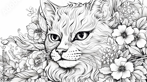 Cat face with floral patterns fantasy coloring page picture AI generated art © Bijali