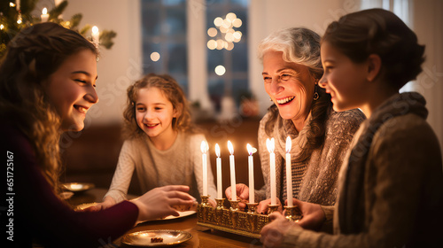 Obraz na płótnie Senior Woman with granddaughters celebrating Hanukkah at fome burning candles