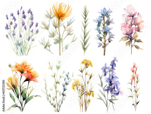 Set of Watercolor bridal wild flowers isolated on white background, AI Generated