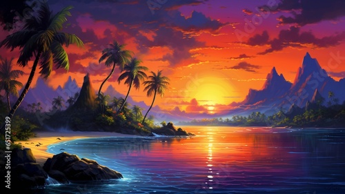 Beautiful color island sunset original painting wallpaper picture AI generated art
