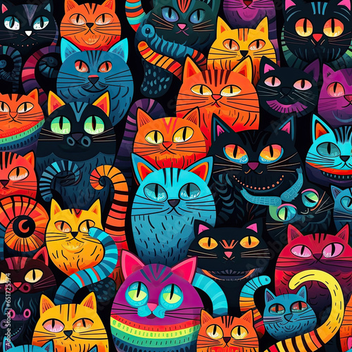 Seamless repeating patterns of crazy colorful cats AI Generated