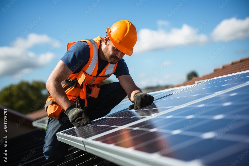 An Engineer installing solar panels on a roof. An Engineer installing solar panels on a roof.