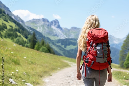 A woman hiking in the mountains. photo