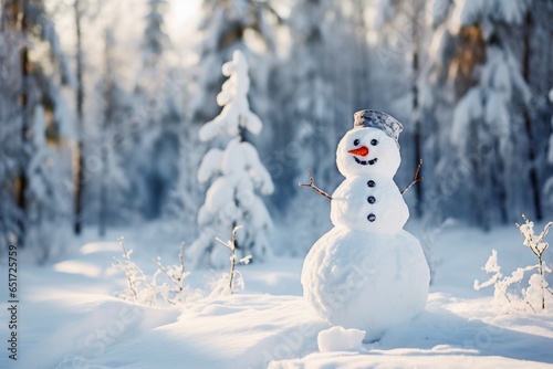 A friendly snowman smiling in a calm winter landscape.