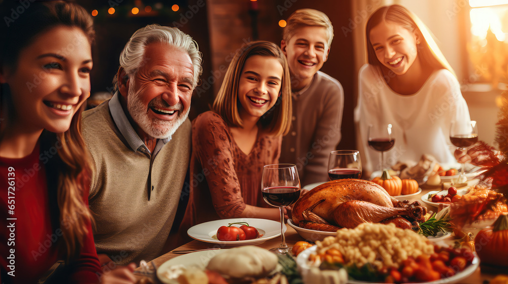 Happy Family celebrating Thanksgiving at the table - obrazy, fototapety, plakaty 
