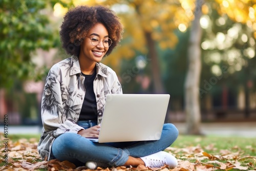 E-Learning Bliss: Black Student Studying Outdoors with Laptop