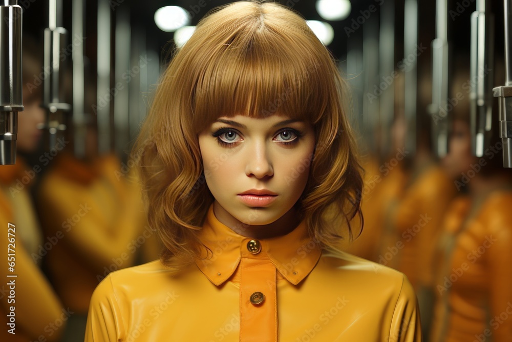 A stylish young woman in a chic orange dress poses confidently in a vintage industrial environment A stylish young woman in a chic orange dress poses confidently in a vintage industrial environment