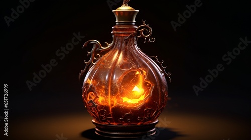 A pumpkin carved to resemble a magical, glowing potion bottle.
