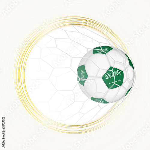 Football emblem with football ball with flag of Saudi Arabia in net  scoring goal for Saudi Arabia.