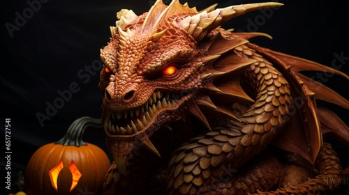 A pumpkin sculpted into a realistic dragon's head. © Muneer