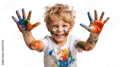 A small child artist showing paint on his hands after painting photo