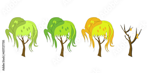 Vector drawing of a tree with foliage in the form of flowing hair. Forming the crown of a tree according to the shape of a woman's hairstyle. Seasons in nature: spring, summer, autumn, winter.