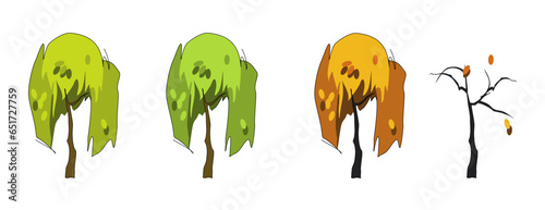 Vector drawing of a tree with foliage in the form of flowing hair. Forming the crown of a tree according to the shape of a woman's hairstyle. Seasons in nature: spring, summer, autumn, winter.