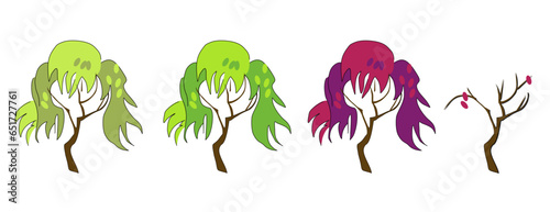 Vector drawing of a tree with foliage in the form of flowing hair. Forming the crown of a tree according to the shape of a woman's hairstyle. Seasons in nature: spring, summer, autumn, winter.