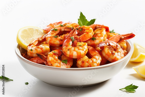 Plate of shrimp with lemon wedges on the side , Generative AI