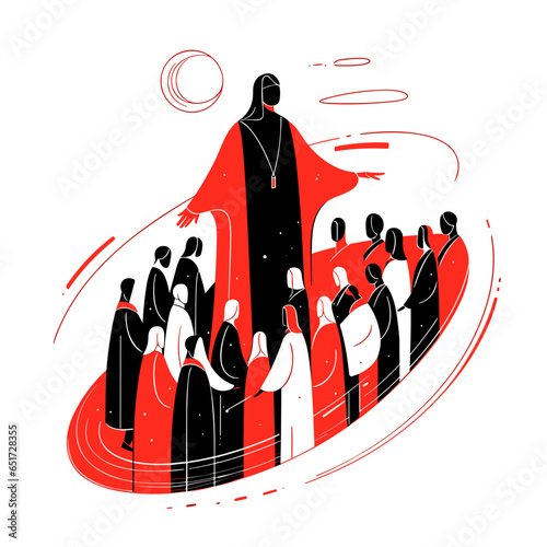 Gospel vector icon in minimalistic, black and red line work, japan web