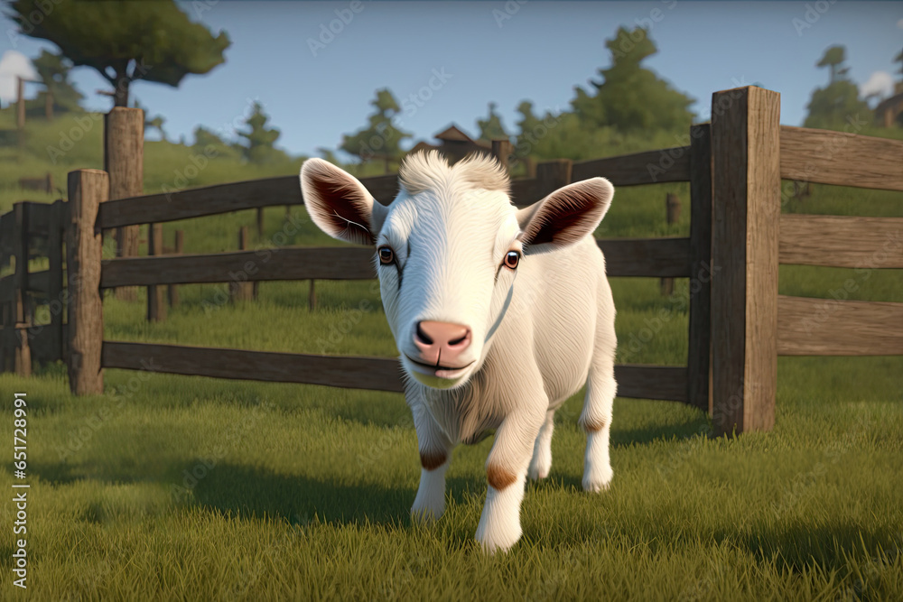 Baby goat standing next to a wooden fence, generative ai illustration ...