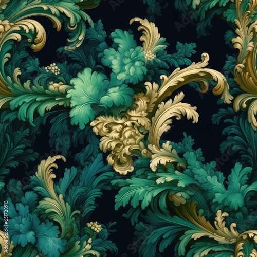 Opulent Rococo motifs and Grand gestures in vibrant color seamless pattern, AI Generated