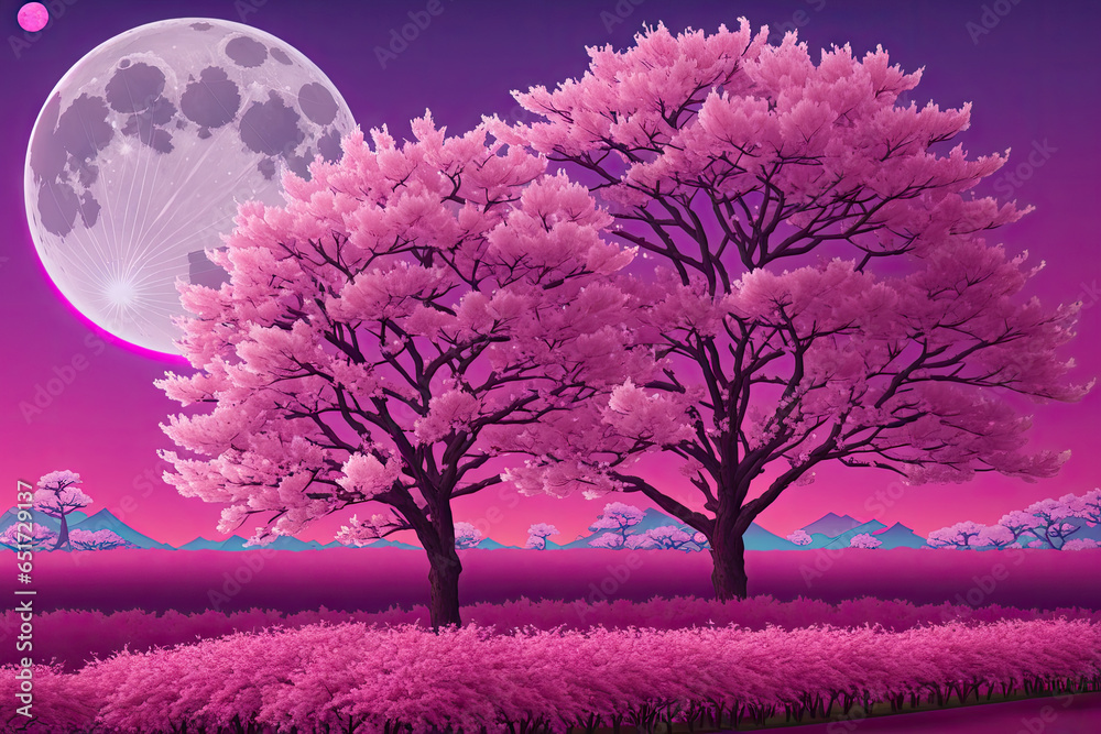 a painting of a tree with a full moon in the background, pink neon colors, generative ai - obrazy, fototapety, plakaty 