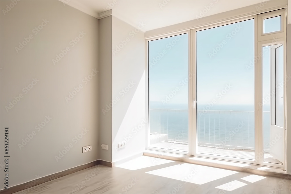 Empty room with a sea view. Generative AI Empty room with a sea view. Generative AI