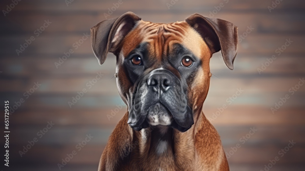 Boxer dog portrait close up. Boxer dog. Horizontal banner poster background. Copy space. Photo texture AI generated