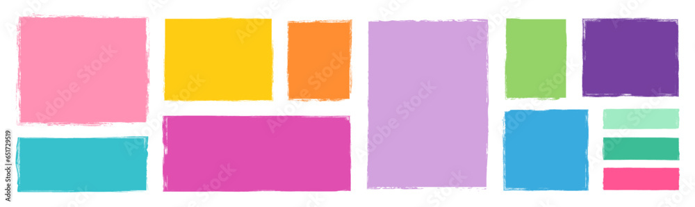 Colorful vector set with various doodle rectangular shapes with rough edges, graphic element for kids designs, backgrounds, borders and frames